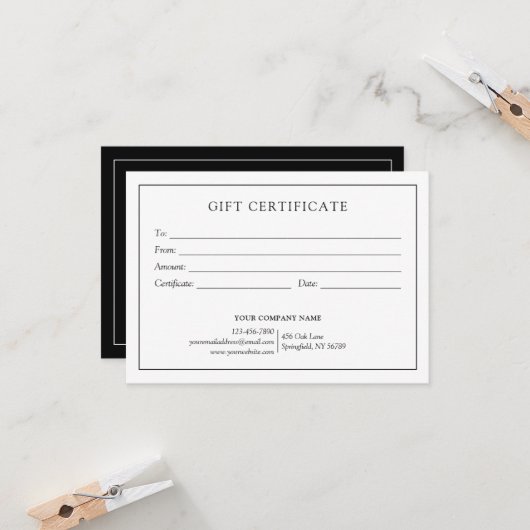 Elegant Zwart Wit Zakelijk Cadeaubon Logo (Voorkant / Achterkant in situ)