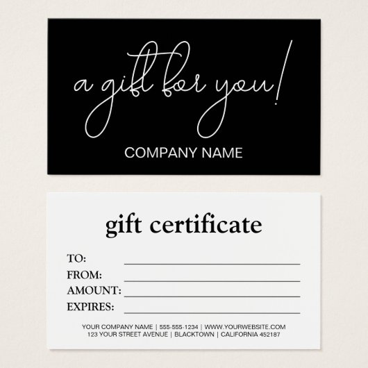 Elegant zwart-wit zakelijke cadeaubon visitekaartje (Voorkant /achterkant)