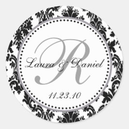 Elegant Zwart Wit Zilver Damast Bruiloft Ronde Sticker