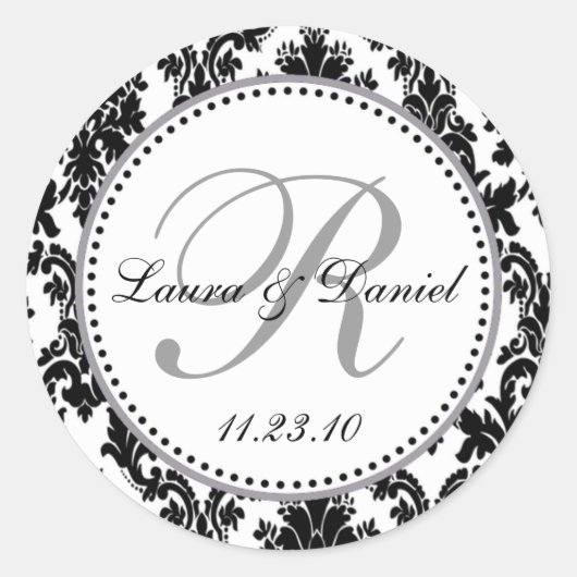 Elegant Zwart Wit Zilver Damast Bruiloft Ronde Sticker (Voorkant)