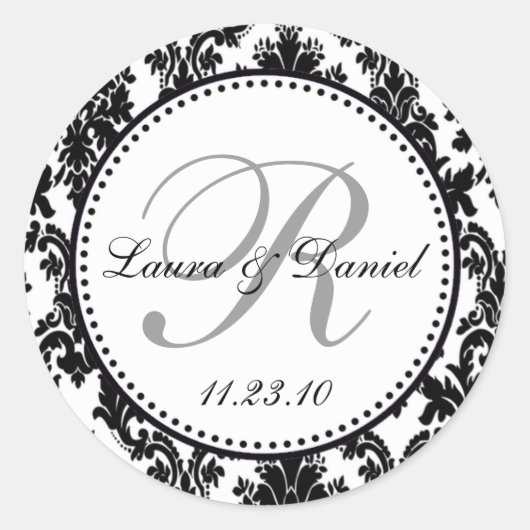 Elegant Zwart Wit Zilver Damast Bruiloft Ronde Sticker (Voorkant)