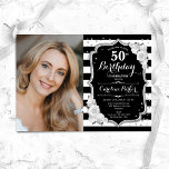 Elegant Zwart Wit Zilver Foto 50e Verjaardag Kaart<br><div class="desc">Elegante bloemenvrouwelijke 50e verjaardagsuitnodiging met uw foto. Glam zwart wit rood design met faux glitter zilver. Beschikt over zwart-witte strepen, rode rozen, script lettertype en confetti. Perfect voor een stijlvol volwassen feestje. Personaliseer met je eigen gegevens. Kan voor om het even welke leeftijd worden aangepast! Gedrukte Zazzle-uitnodigingen of direct download...</div>