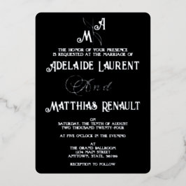 Elegant Zwart & Wit Zilver Gestreepte Bruiloft Folie Uitnodiging