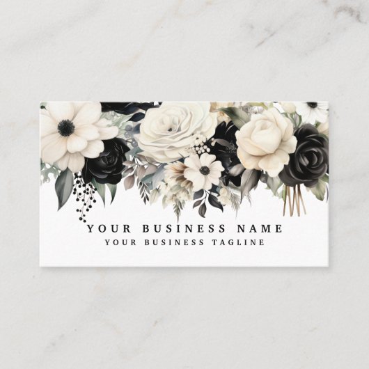 Elegant Zwart Wit Zilveren Bloemen Visitekaartjes (Voorkant)