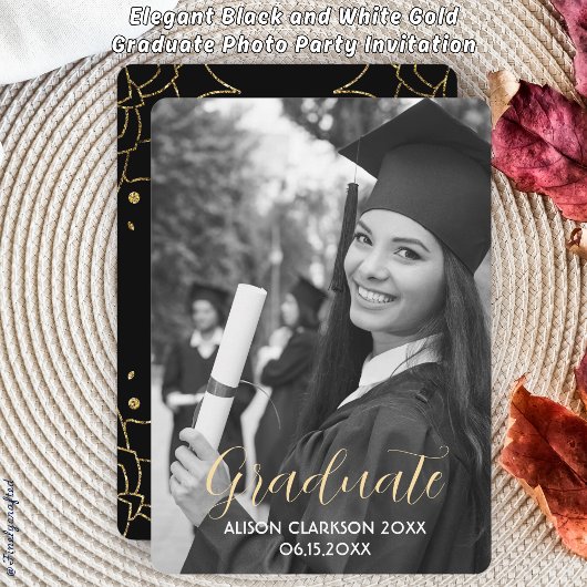 Elegant zwart-witgoud Afstuderen fotofeest Kaart
