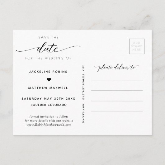 Elegant zwart-witscript bruiloft bewaart de datum briefkaart (Achterkant)