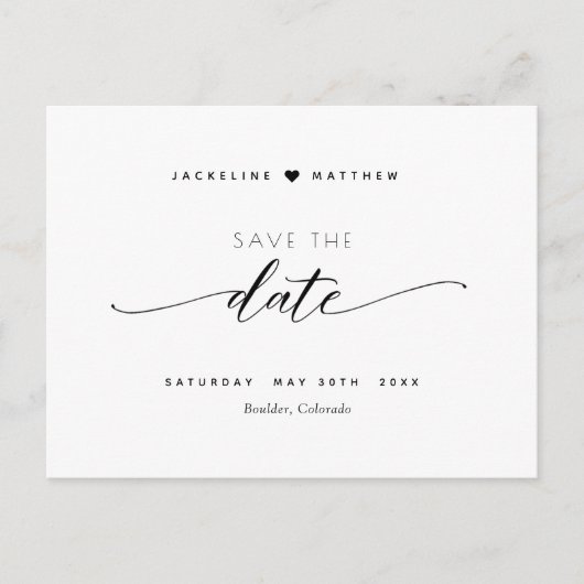 Elegant zwart-witscript bruiloft bewaart de datum briefkaart (Voorkant)