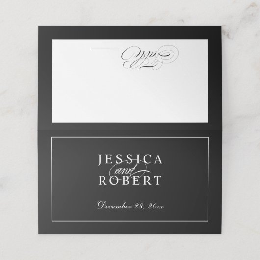 Elegant zwart-witscript plaatskaartje (Buitenkant ongevouwen)