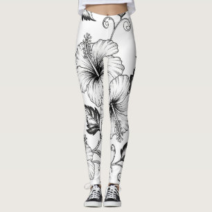 Elegant Zwart Witte Bloem Lijn Kunst Patroon (3) Leggings