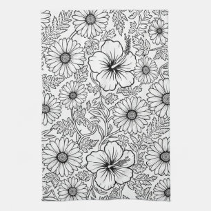 Elegant Zwart Witte Bloem Lijn Kunst Patroon (4) Theedoek