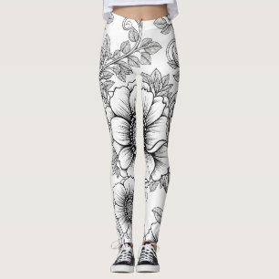 Elegant Zwart Witte Bloem Lijn Kunst Patroon (5) Leggings