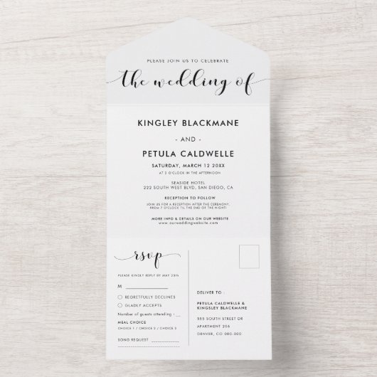 Elegant zwart-witte bruiloft all in one uitnodiging (Binnen)