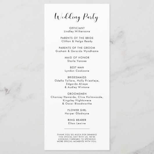 Elegant zwart-witte bruiloft programmakaart (Achterkant)