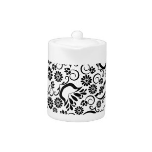 Elegant zwart-witte florale thee theepot