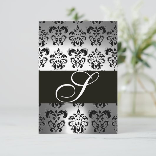 ELEGANT ZWART WITTE GRAY DAMASK MONOGRAM RSVP KAARTJE (Staand voorkant)