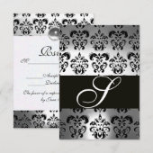 ELEGANT ZWART WITTE GRAY DAMASK MONOGRAM RSVP KAARTJE (Voorkant / Achterkant)