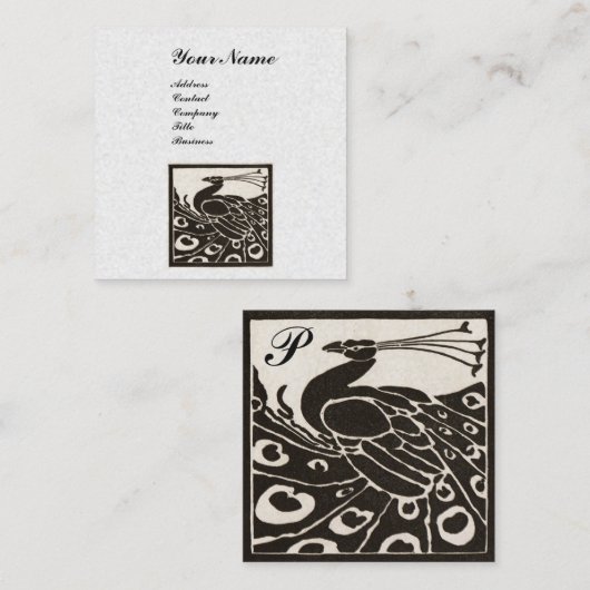 ELEGANT ZWART WITTE PEACOCK MONOGRAM Pearl Vierkante Visitekaartje (Voorkant / Achterkant)