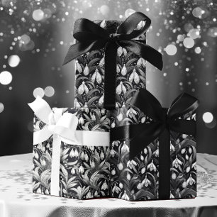 Elegant zwart   Witte Sneeuwklokjes Bloemen Patron Inpakpapier Vel