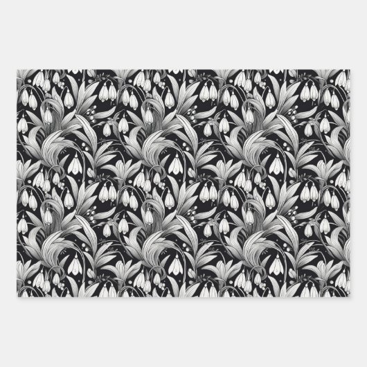 Elegant zwart | Witte Sneeuwklokjes Bloemen Patron Inpakpapier Vel (Voorkant 3)