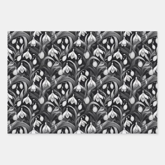 Elegant zwart | Witte Sneeuwklokjes Bloemen Patron Inpakpapier Vel (Voorkant 2)