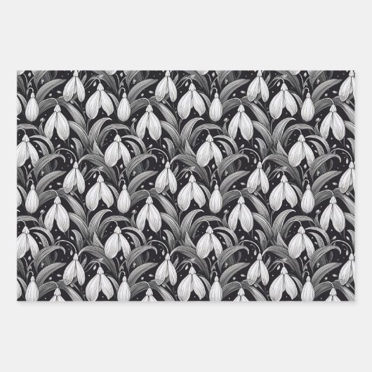 Elegant zwart | Witte Sneeuwklokjes Bloemen Patron Inpakpapier Vel (Voorkant)