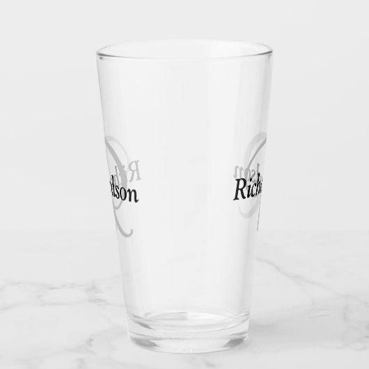 Elegant Zwart Zilver Aangepaste Monogram Naam Glas (Rechts)