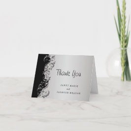 Elegant Zwart & Zilver Bloemen Bruiloft Dank u Bedankkaart