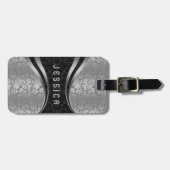 Elegant Zwart & Zilver Bloemen Damasks Patroon Bagagelabel (Voorkant horizontaal)