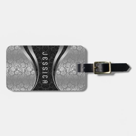 Elegant Zwart & Zilver Bloemen Damasks Patroon Bagagelabel (Voorkant horizontaal)