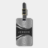 Elegant Zwart & Zilver Bloemen Damasks Patroon Bagagelabel (Voorkant verticaal)