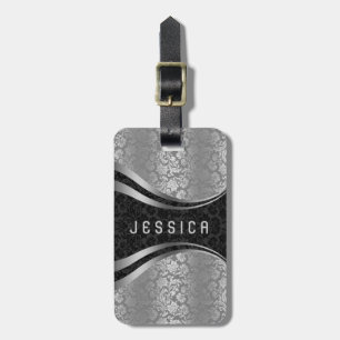 Elegant Zwart & Zilver Bloemen Damasks Patroon Bagagelabel