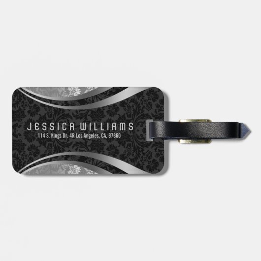 Elegant Zwart & Zilver Bloemen Damasks Patroon Bagagelabel (Achterkant horizontaal)