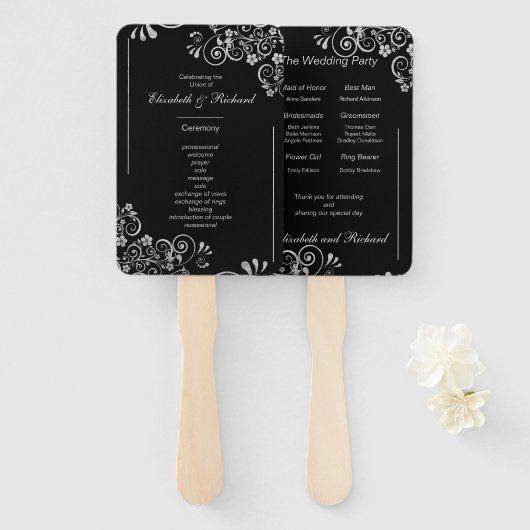 Elegant zwart zilver bruiloft ceremonie programma handwaaier (Voorkant en achterkant)