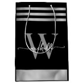 Elegant Zwart Zilver Gestreept Monogram Script Medium Cadeauzakje (Voorkant)