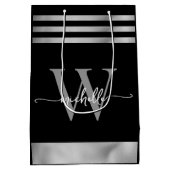 Elegant Zwart Zilver Gestreept Monogram Script Medium Cadeauzakje (Achterkant)