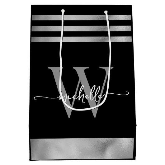 Elegant Zwart Zilver Gestreept Monogram Script Medium Cadeauzakje (Achterkant)