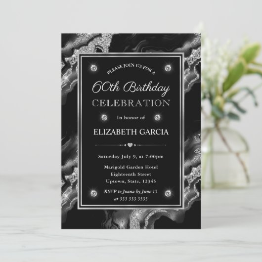 Elegant Zwart & Zilver Glitter Agate 60ste Verjaar Kaart (Staand voorkant)