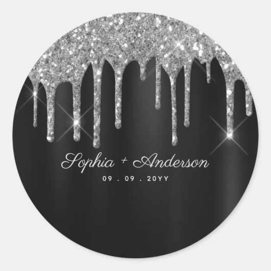 Elegant Zwart & Zilver Glitter Drip Custom Ronde Sticker (Voorkant)