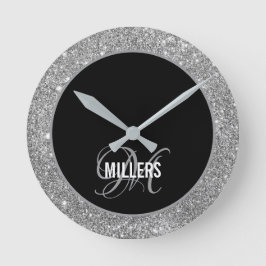 Elegant zwart zilver glitter monogram familienaam ronde klok
