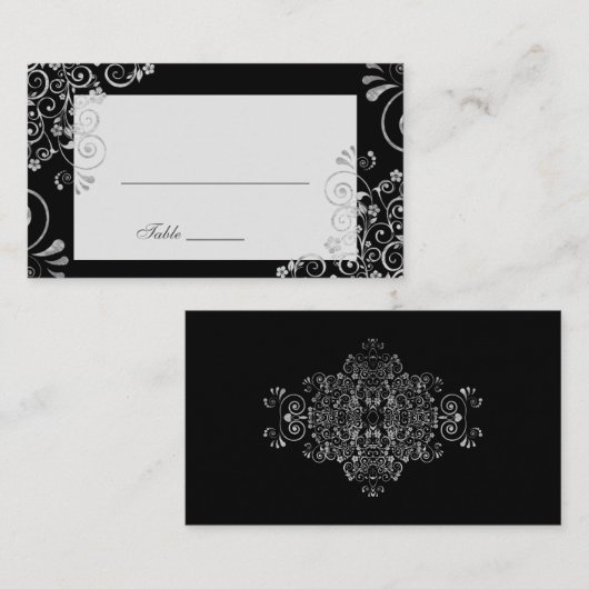 Elegant Zwart Zilver Grijs Swirl Bruiloft Plaatskaartje (Voorkant / Achterkant)
