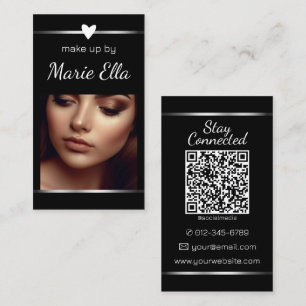 Elegant Zwart Zilver Hart Foto en QR-code Visitekaartje
