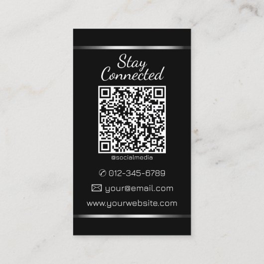 Elegant Zwart Zilver Hart Foto en QR-code Visitekaartje (Achterkant)