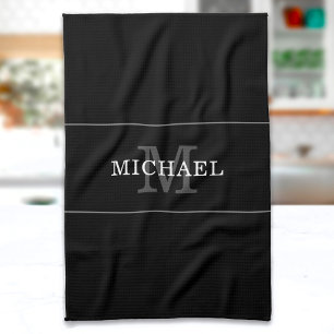 Elegant Zwart Zilver Monogram Aangepaste Naam Theedoek