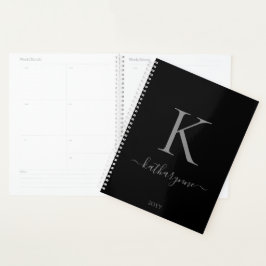 Elegant Zwart Zilver Monogram Naam Planner