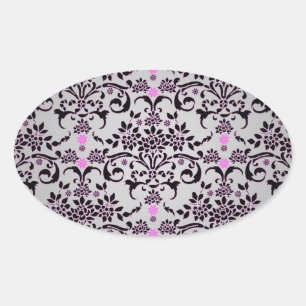 Elegant zwart zilver paars bloemmotief damast patr ovale sticker