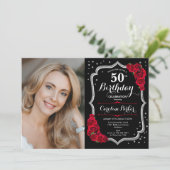 Elegant Zwart Zilver Rood Foto 50e Verjaardag Kaart (Staand voorkant)