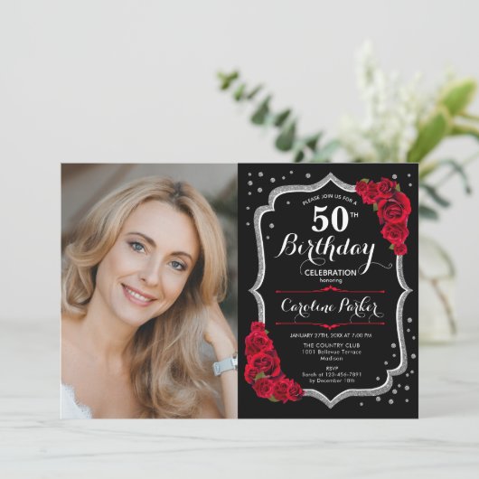 Elegant Zwart Zilver Rood Foto 50e Verjaardag Kaart (Staand voorkant)