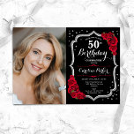 Elegant Zwart Zilver Rood Foto 50e Verjaardag Kaart<br><div class="desc">Elegante bloemenuitnodiging voor de 50e verjaardag met uw foto. Glam zwart rood design met faux glitter zilver. Beschikt over rode rozen, script lettertype en confetti. Perfect voor een stijlvol volwassen feestje. Personaliseer met je eigen gegevens. Kan voor om het even welke leeftijd worden aangepast! Gedrukte Zazzle-uitnodigingen of direct download digitale...</div>