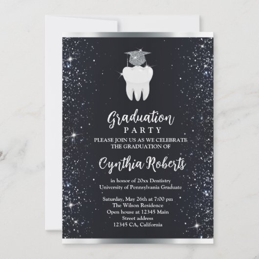 Elegant Zwart Zilver Sparkle Tandheelkundig Afstud Kaart (Voorkant)