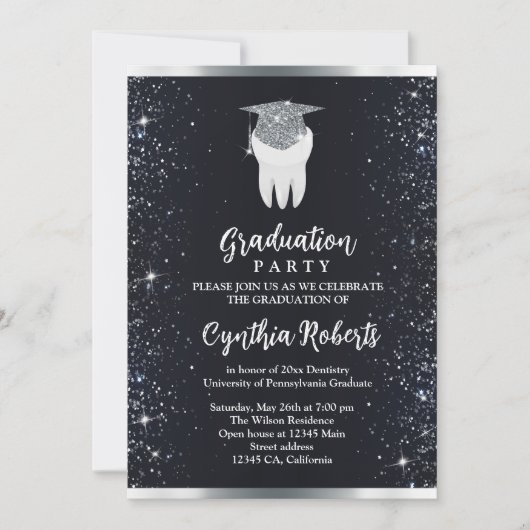 Elegant Zwart Zilver Sparkle Tandheelkundig Afstud Kaart (Voorkant)